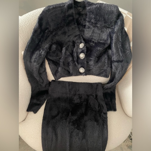 Revolve NBD Grace Fuzzy Cardigan Skirt Set Black - Picture 5 of 11